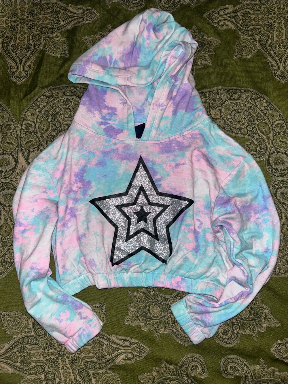 Limited Too Pastel Tie-Dye Hoodie with Glitter Star Cropped